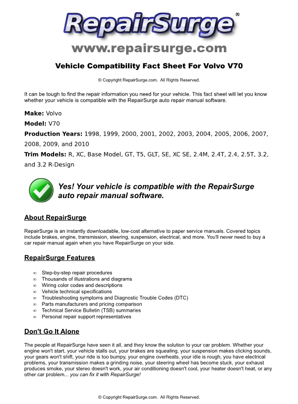 Volvo V70 Service Repair Manual Online Download 1998, 1999, 2000